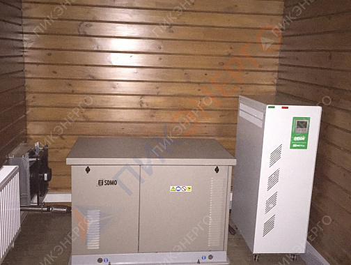 Установка газового генератора SDMO RESA 14 EC и стабилизатора Ortea Orion 20-15 / 15-20в помещении